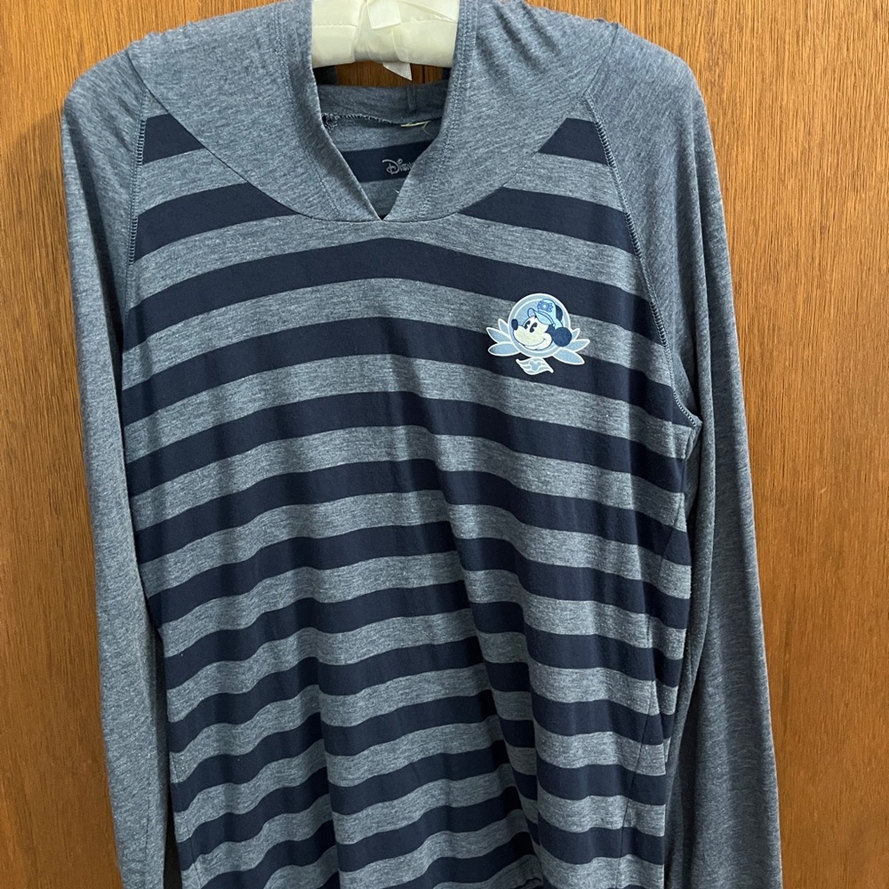 Disney Women's Long Sleeve Hooded Stripe Tee - Gray/Navy
